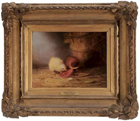 Mary Russell Smith, Two Chickens Eating an Onion, 1866, oil on panel with "Geo. Rowney & Co." colourman label