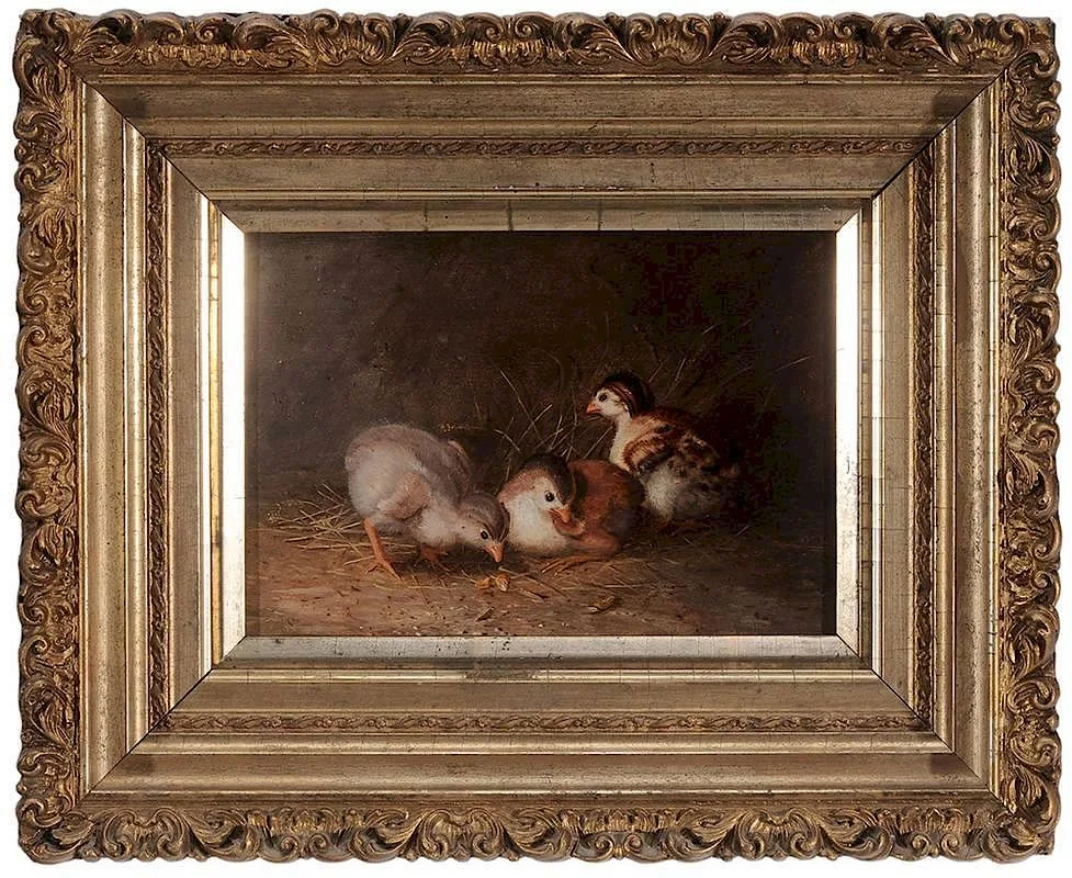 Three Chicks by Mary Russell Smith, oil on panel, sold Jun 2015