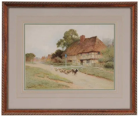 Arthur Claude Strachan, Shepherd Herding Cattle Down a Road, watercolor on paper