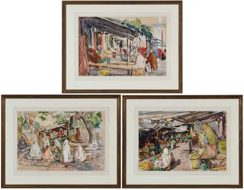 Philip Naviasky, ThreeTangiers Market Scenes, 1936, watercolor over charcoal on paper