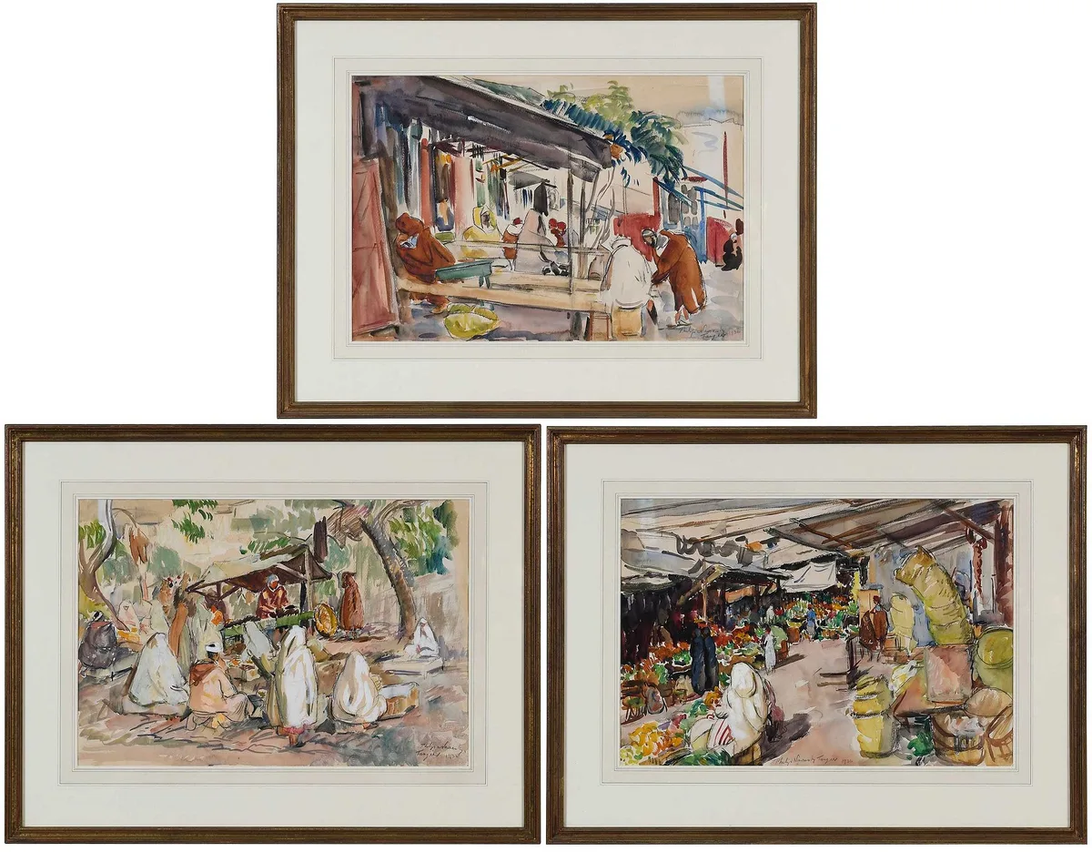Philip Naviasky, ThreeTangiers Market Scenes, 1936, watercolor over charcoal on paper