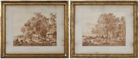 Jan van Ravenswaay, Two livestock landscapes: one signed and dated lower right  "J.V. Ravenzwaay 1824", one signed lower left illegibly, both sepia ink on laid paper