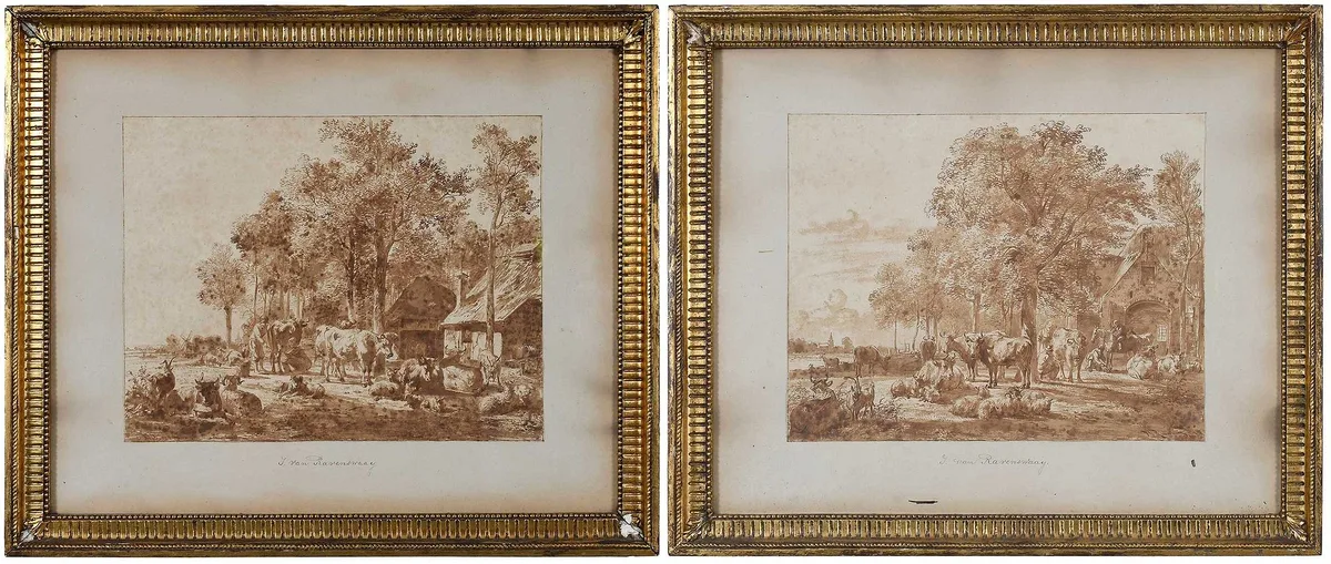 Jan van Ravenswaay, Two livestock landscapes: one signed and dated lower right  "J.V. Ravenzwaay 1824", one signed lower left illegibly, both sepia ink on laid paper