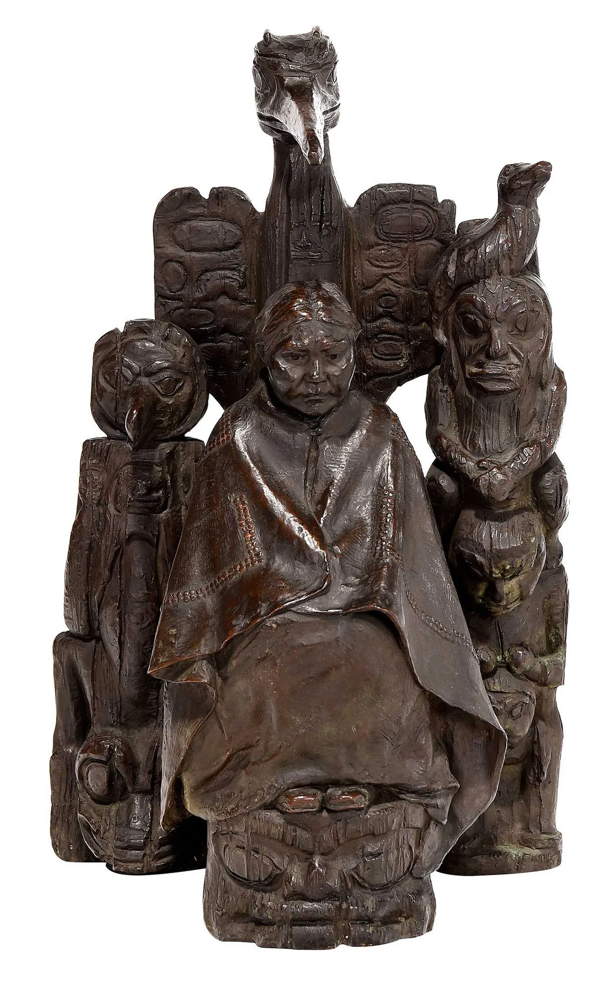 Louis McClellan Potter, Indian Woman with Totems, patinated bronze