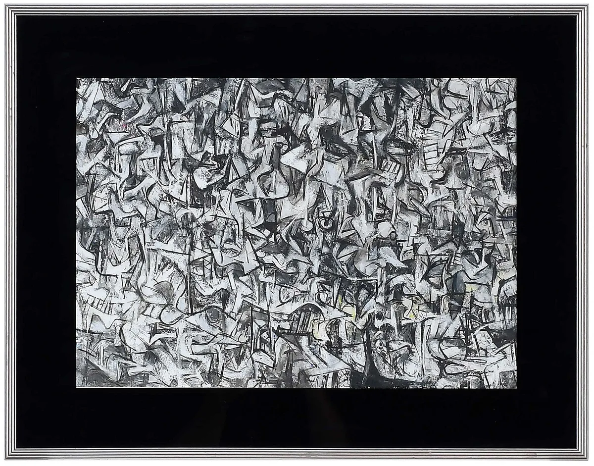 Untitled, early abstract composition by Thomas Downing, circa 1950, oil on paper, sold Oct 2025