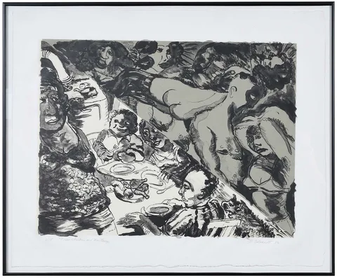 Robert H. Colescott, Fried Chicken and Fantasy, 1989, lithograph on natural Sekishu and gray-green Japan paper
