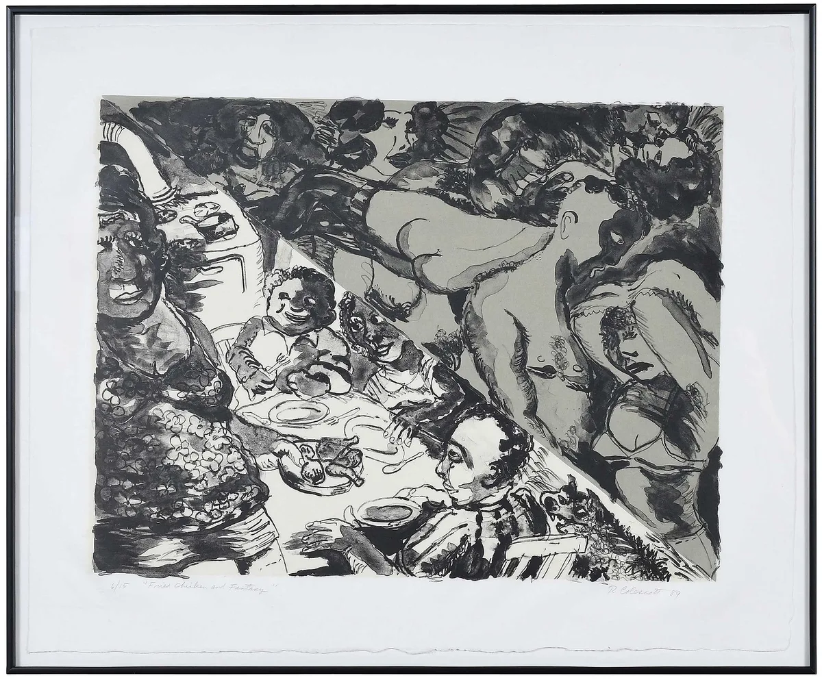 Robert H. Colescott, Fried Chicken and Fantasy, 1989, lithograph on natural Sekishu and gray-green Japan paper