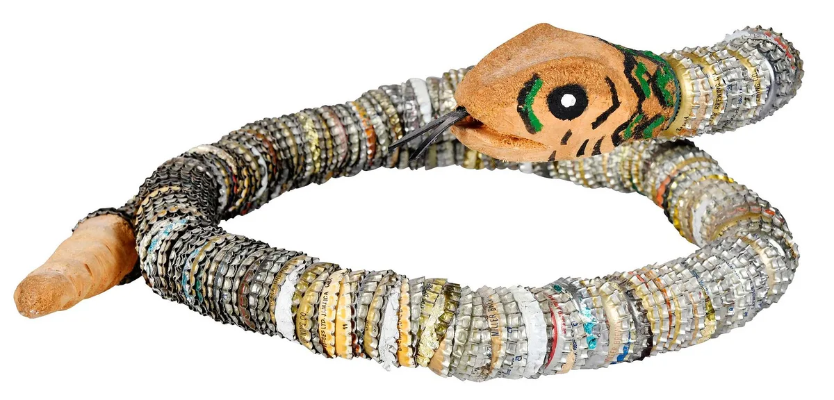 Ron Rodriguez, Bottlecap Snake, 1994, carved and painted wood and bottlecaps