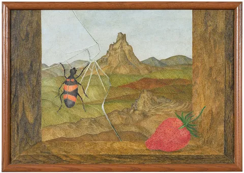Luis García Guerrero, Paisaje con Fresa y Escarabajo, oil on panel