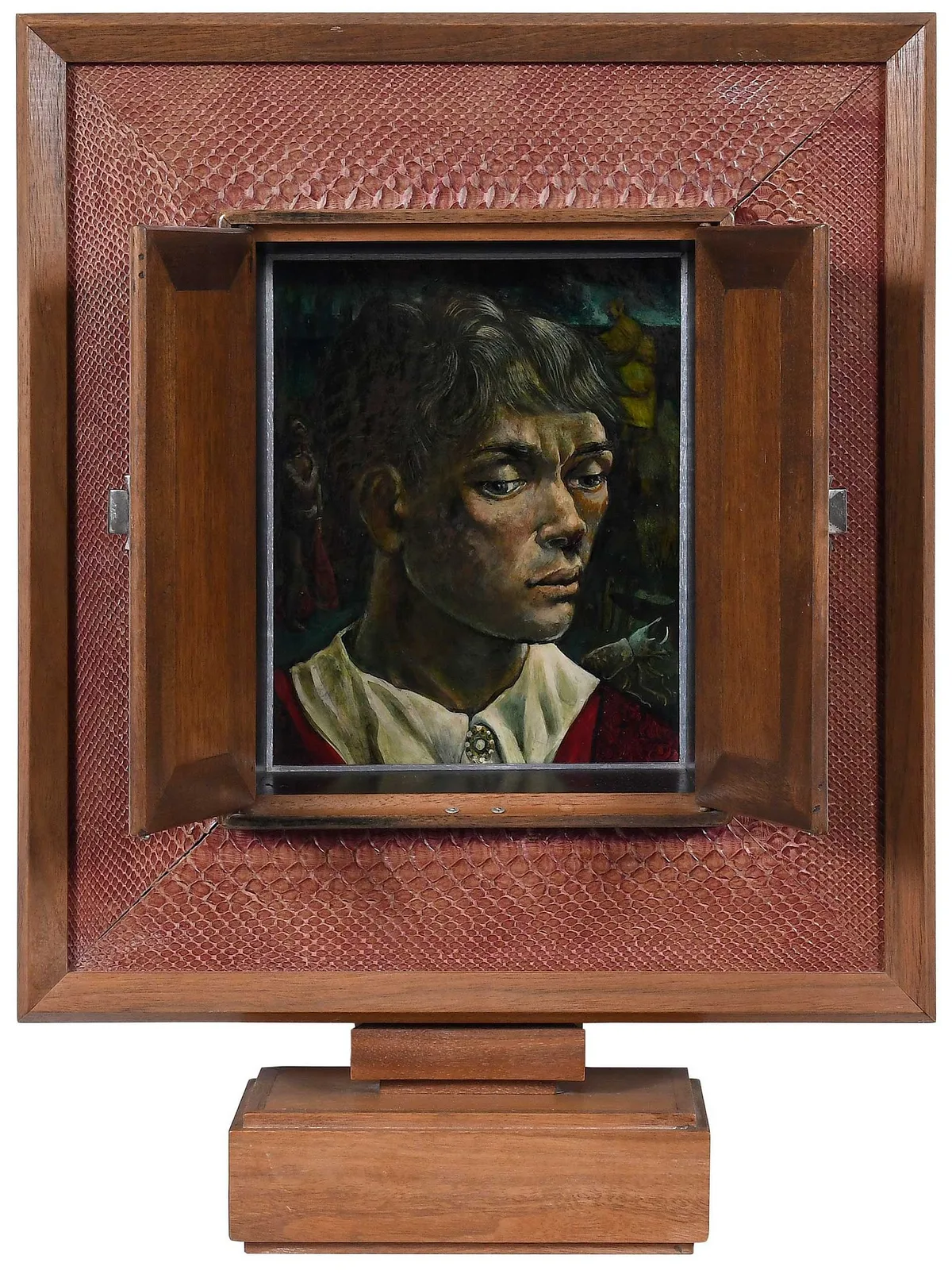 Spirit Box by Rodney Marshall Winfield, tempera on panel inset within a two door wood stand frame, sold Apr 2025