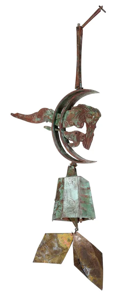 Bronze Bell by Paolo Soleri, cast bronze bell with clapper and two sheet copper fins, sold Apr 2025