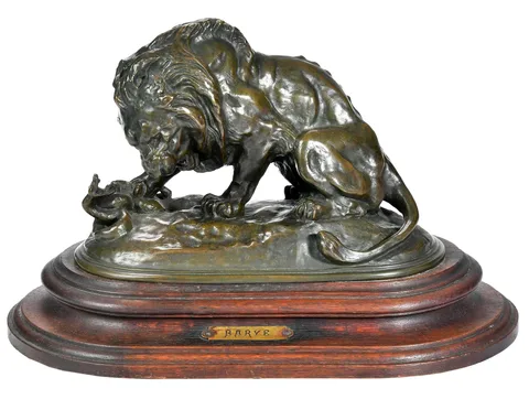 Antoine-Louis Barye, Lion au serpent, patinated bronze