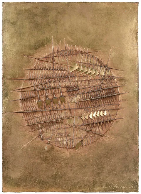 Arnaldo Pomodoro, Solar Page, circa 1982, bronze with gold patina mounted on panel