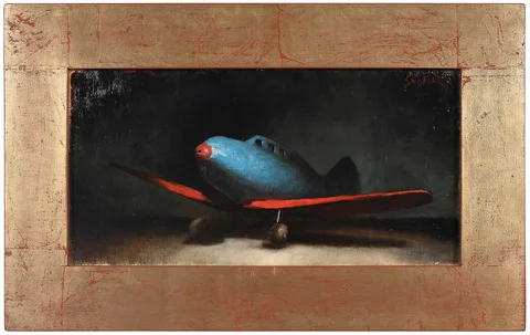 Airplane by Steven Skollar, 1996, oil on linen mounted on board, sold Apr 2026