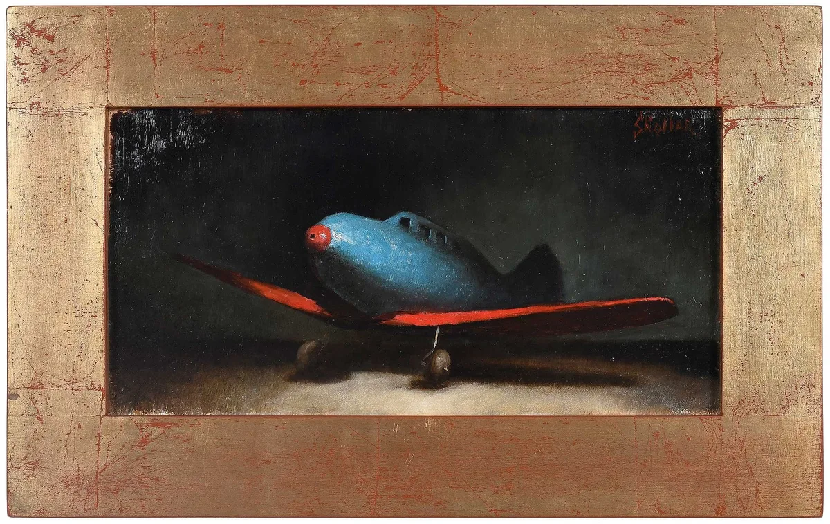 Airplane by Steven Skollar, 1996, oil on linen mounted on board, sold Apr 2026