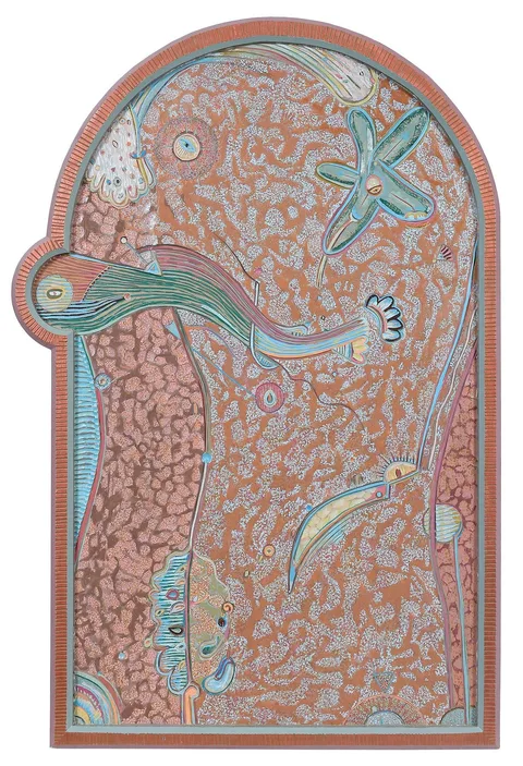 Tommy Simpson, Figural Abstract, paint on carved wood with integral frame