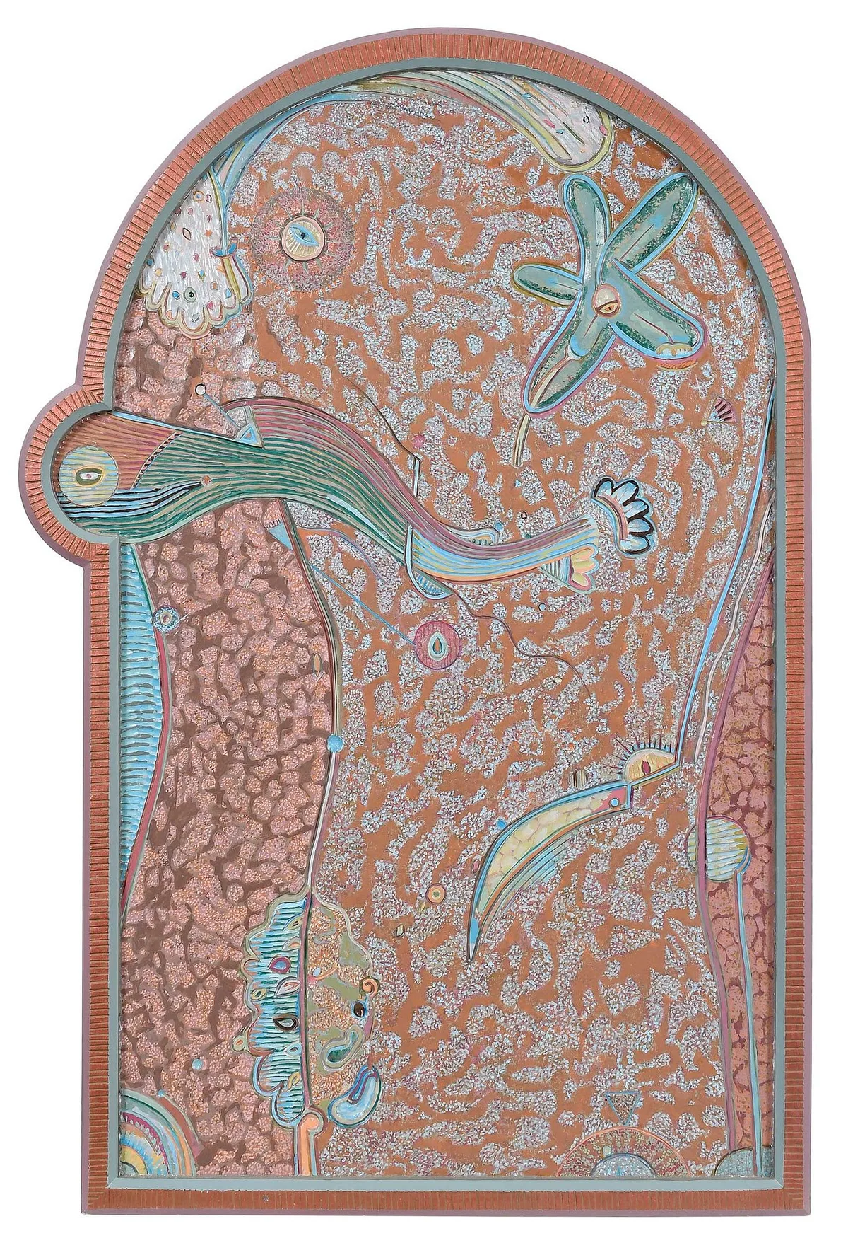 Figural Abstract by Tommy Simpson, paint on carved wood with integral frame, sold Apr 2026