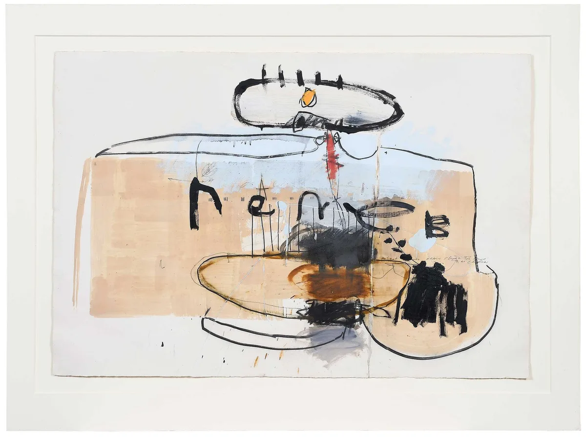 American School Abstract, Abstract with script, possible monogram verso, mixed media on paper