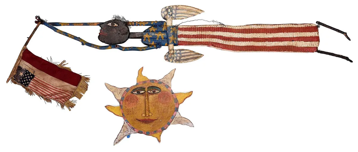 Jim Lambert, Folk Art Angel and Sun, 2001, carved and painted wood with fabric and metal elements