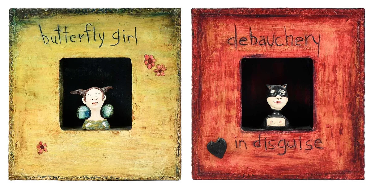 Kina Crow, Two Wall Box Sculptures, carved and painted wood and ceramic
