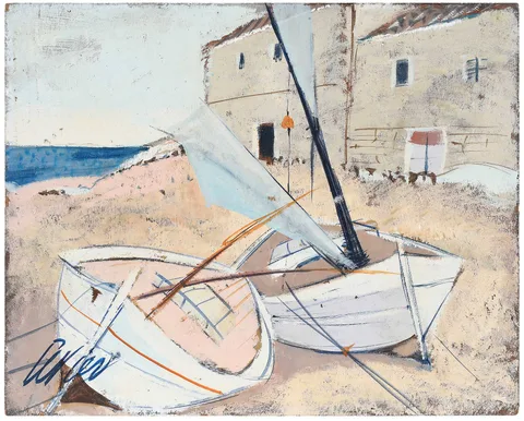 Charles Levier, Beached Boats, oil on paper board