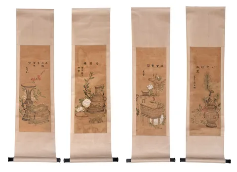 Zhang Shibao, Group of Four Still Life Paintings, ink and watercolor on silk