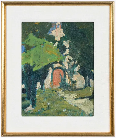 Alonzo C. Webb, Cyprus Trees with Red Doorway, oil on paperboard