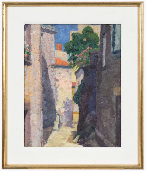 Alonzo C. Webb, Shadows on a Narrow Street, oil on paperboard