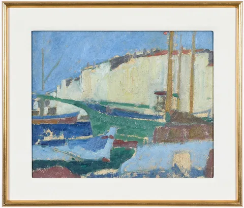 Alonzo C. Webb, Walled City with Boats in Harbor, oil on paperboard