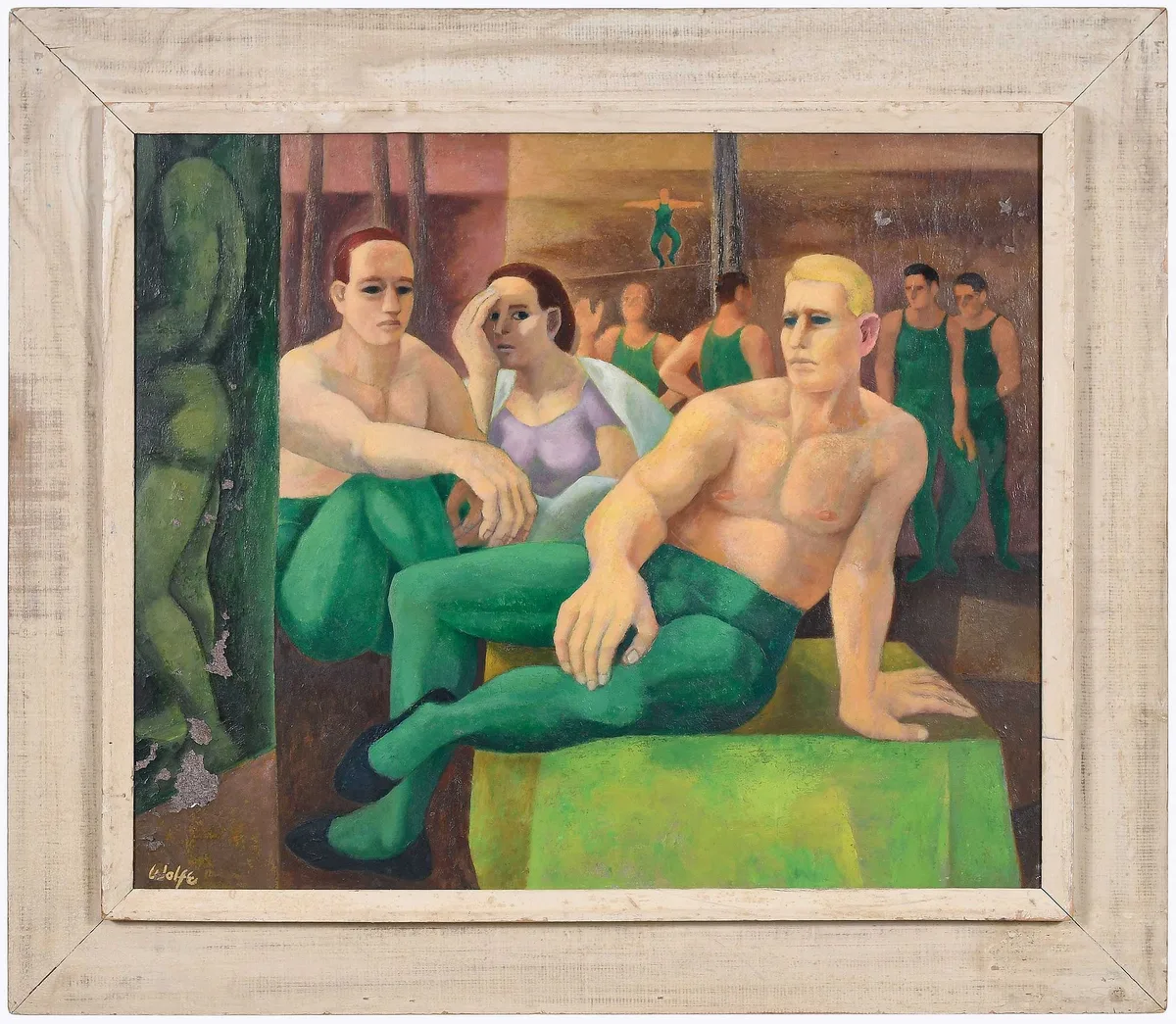 Untitled, acrobats by Meyer Wolfe, 1950, oil on Masonite, sold Apr 2024