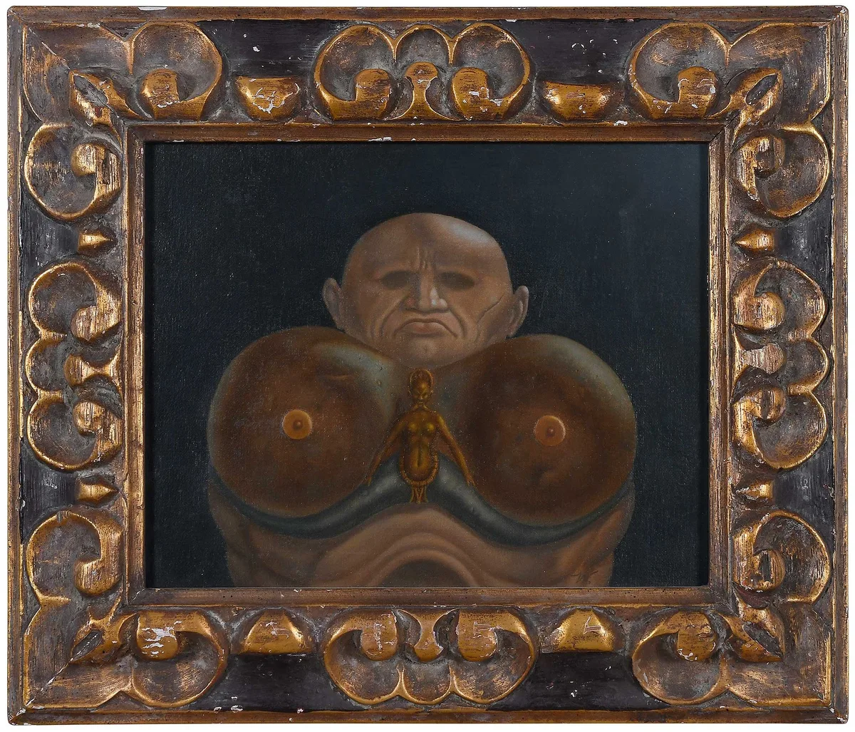 Werner Wildner, Fantastic Figure with Brass Half of the Devil, oil on board
