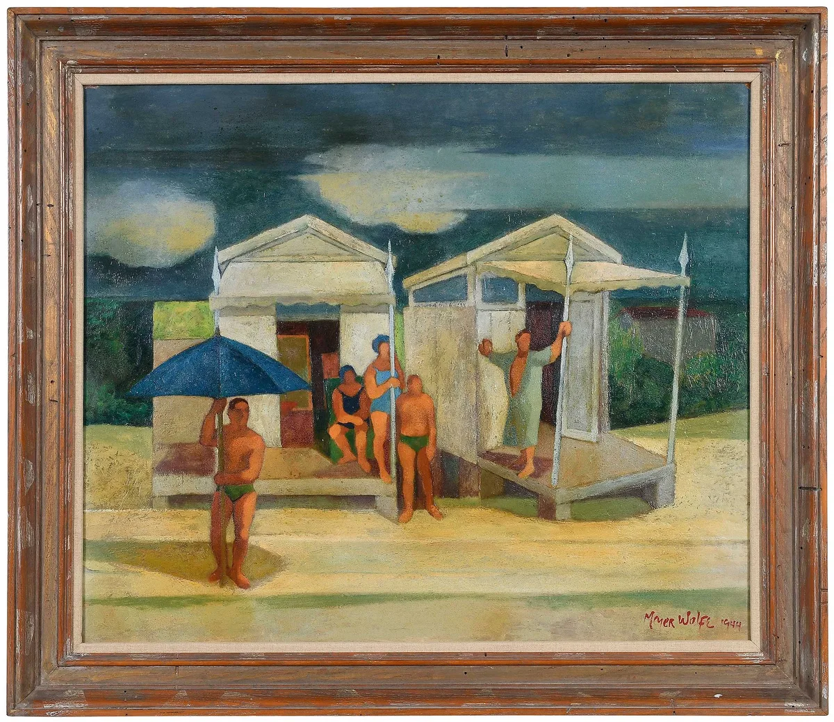 Beach Cabanas by Meyer Wolfe, 1944, oil on Masonite, sold Apr 2024