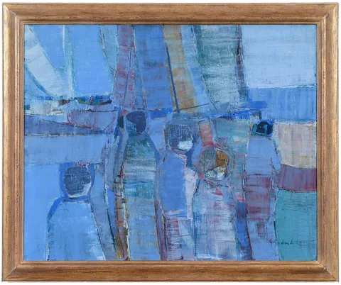 Personnages et Voiliers (People and Sailboats) by Gabriel Godard, 1961, oil on canvas, sold Apr 2024
