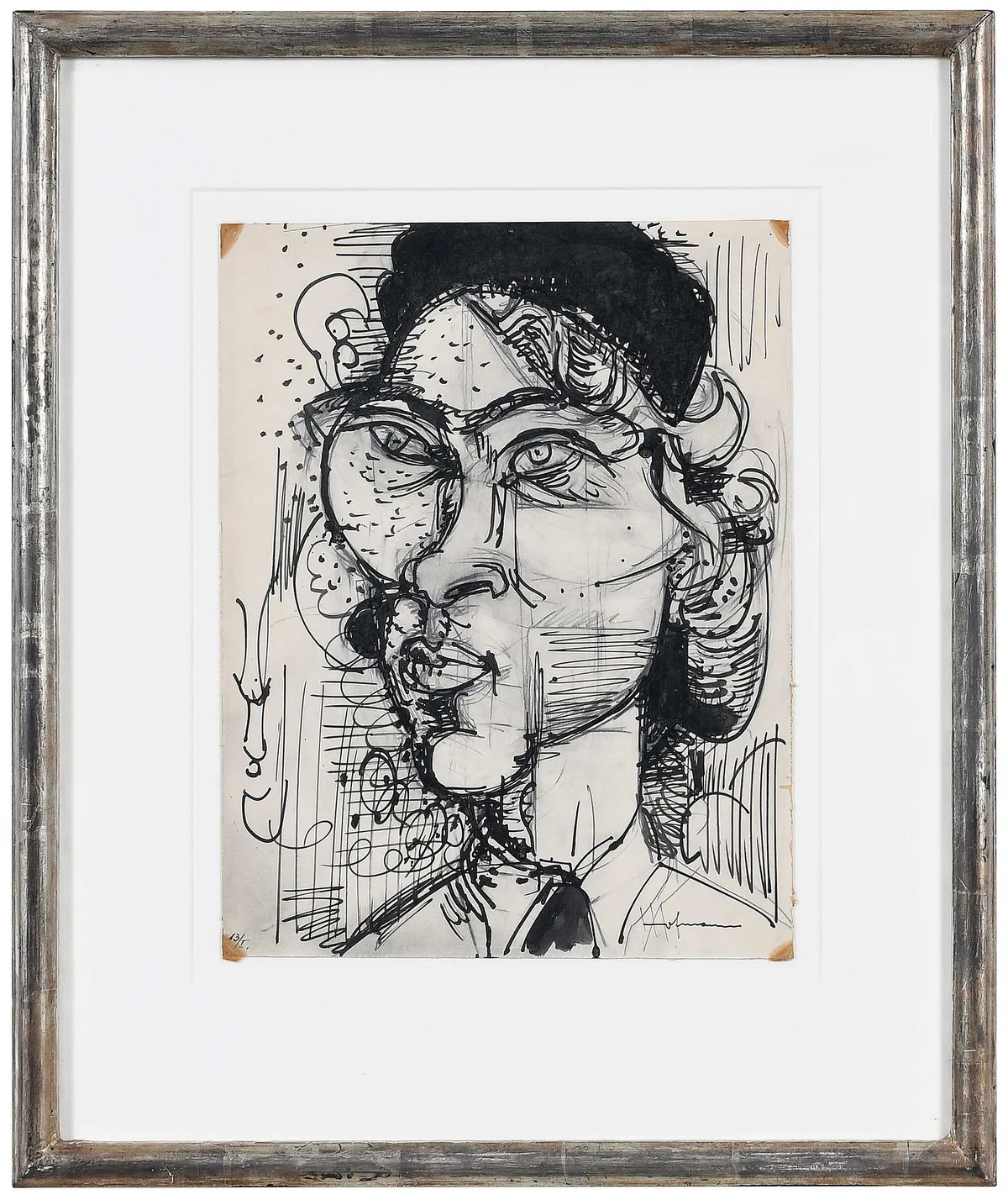 Hans Hofmann Drawing, Portrait, ink over black crayon on paper