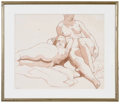 Nudes by Philip Pearlstein, sepia wash on paper, sold Oct 2023