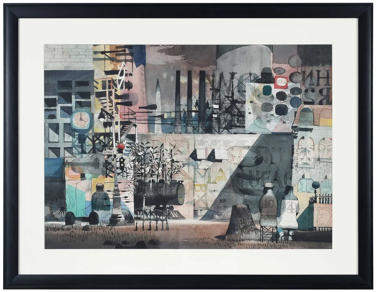 Factory X by Dong Kingman, 1955, watercolor on heavy paper, sold Oct 2023