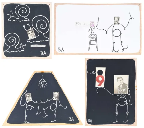 Butch Anthony, Four paintings, each signed "BA", multimedia (paint, photo, and paper collage) on plywood