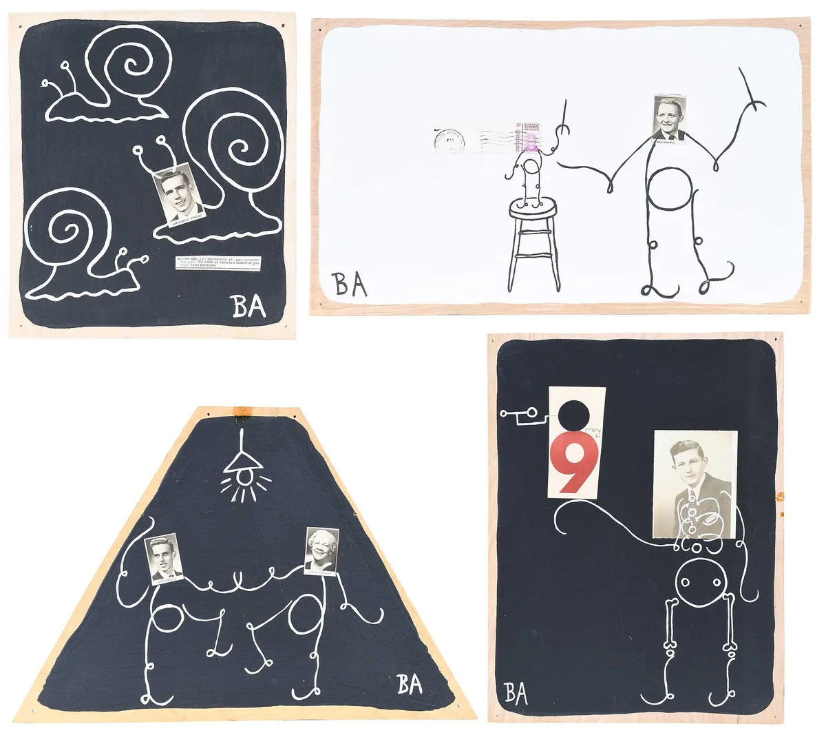 Butch Anthony, Four paintings, each signed "BA", multimedia (paint, photo, and paper collage) on plywood