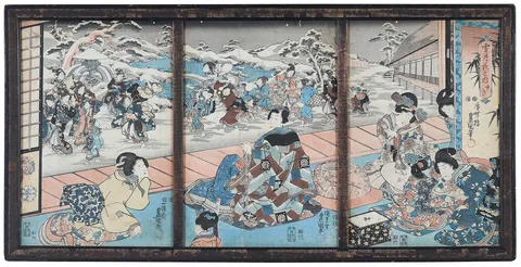 Utagawa Kunisada I, triptych image of a young gentleman surrounded by beauties, from the series Snow, Moon, and Flowers, each sheet with artist's signature, woodblock print
