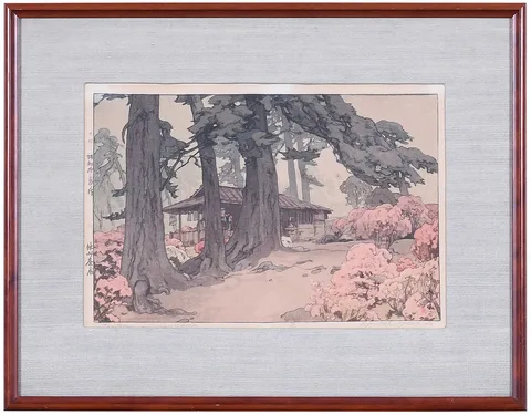 Tea House in Azalea Garden by Hiroshi Yoshida, woodblock print, sold Oct 2023