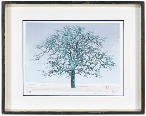 Joichi Hoshi, Winter Tree, woodcut with silver leaf