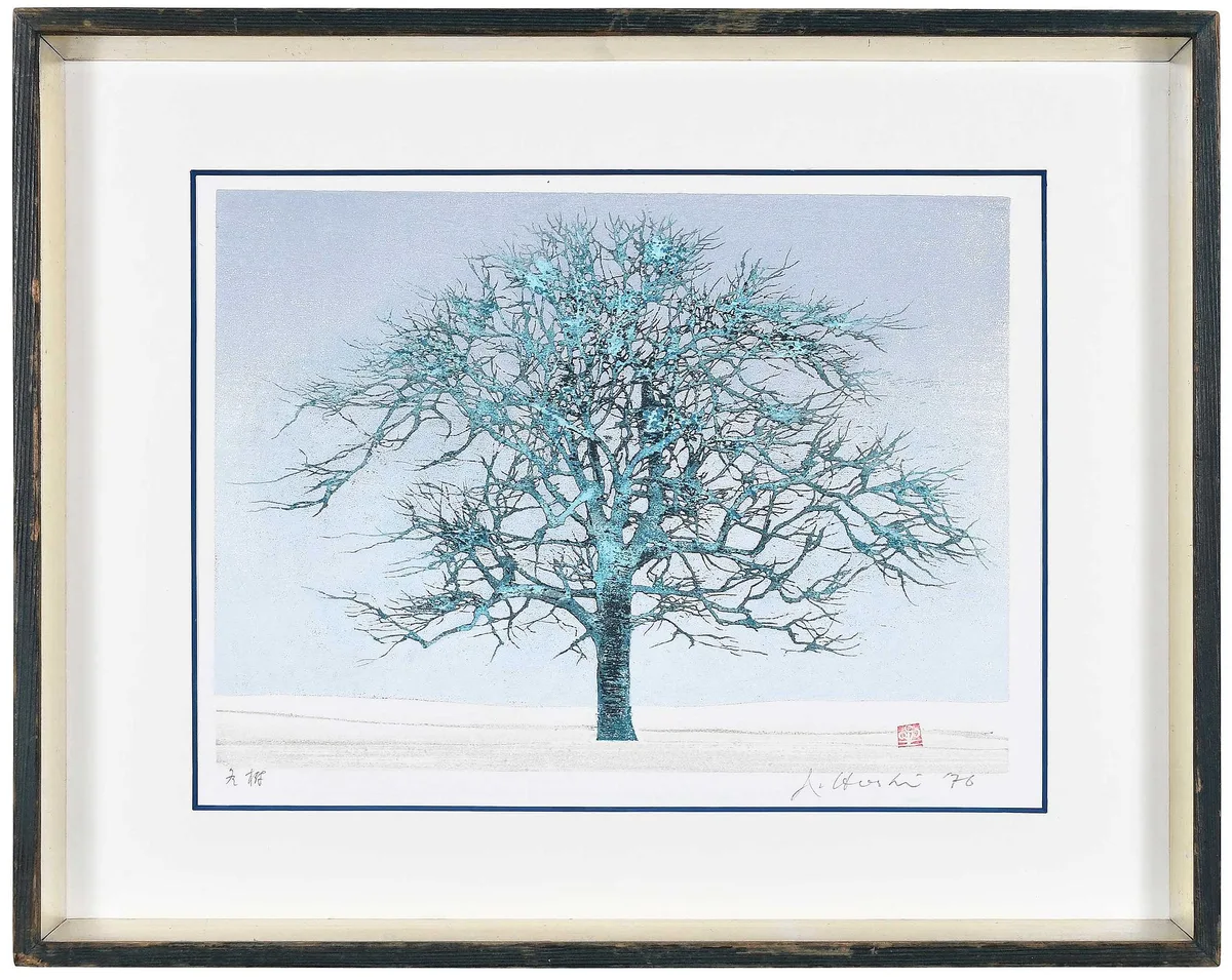 Winter Tree by Joichi Hoshi, woodcut with silver leaf, sold Apr 2023