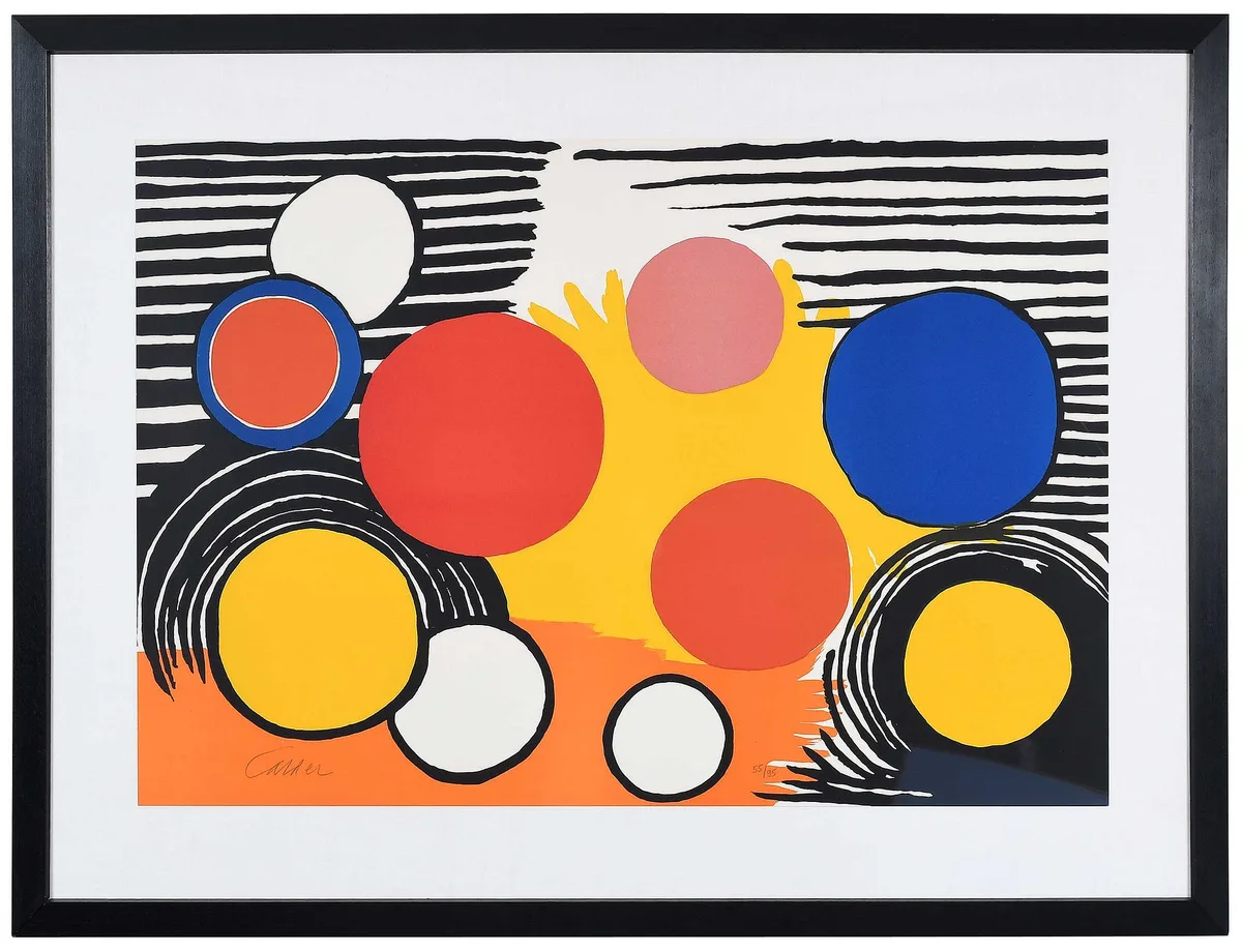 Composition with Circles and Stripes by Alexander Calder, 1964, color lithograph, sold Apr 2023
