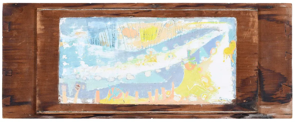 Jr. by Lee Gatch, circa 1960, oil on recessed carved panel on pine panel, sold Apr 2023