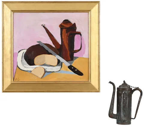 Edgar Levy, Still Life with Cheese and Knife, and Coffee Pot, circa 1952, oil on linen