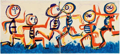 Donald Keith Sultan, Graffitti- Running Towards Each Other, polychrome on canvas diptych