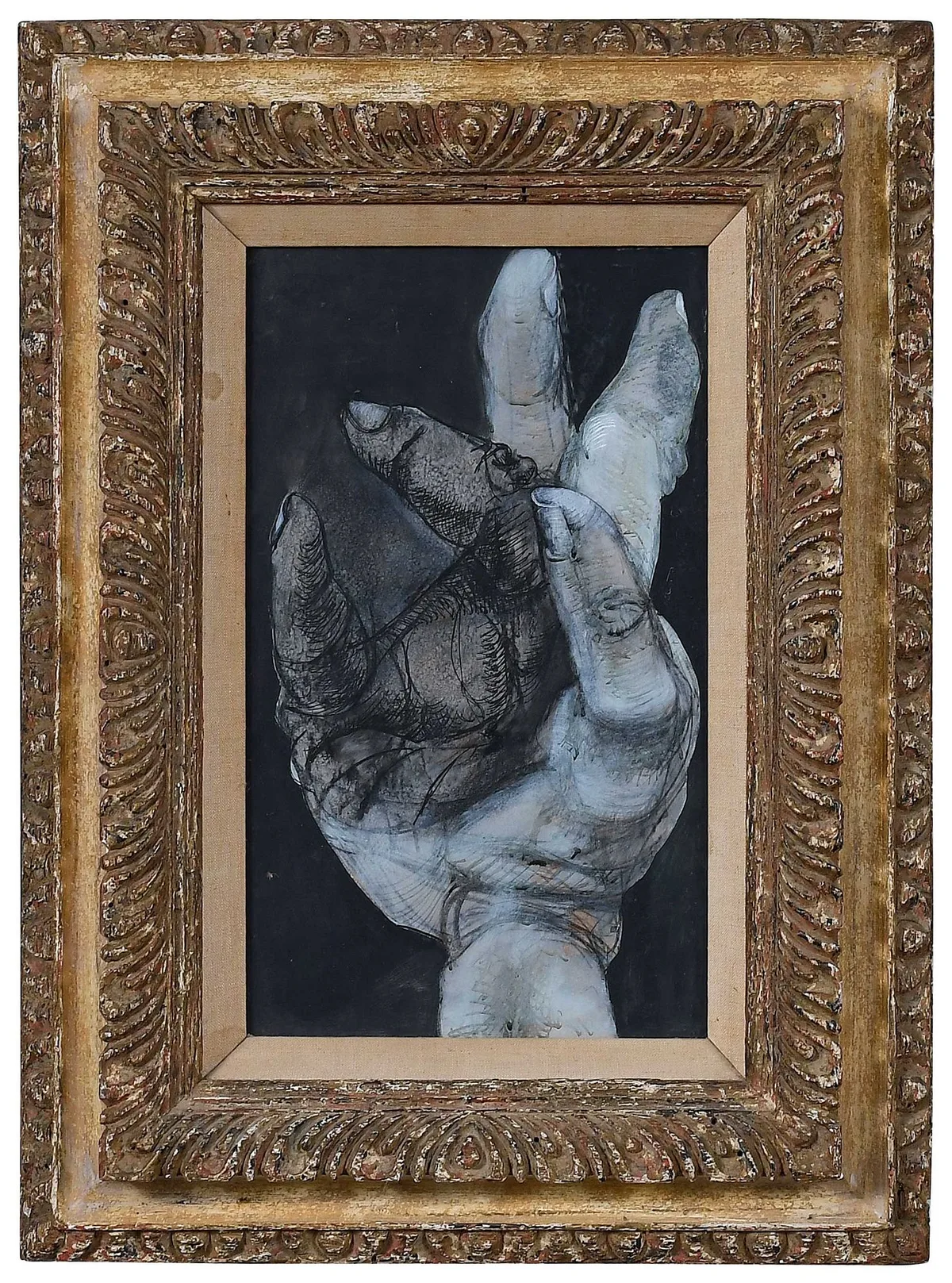 Curled Hand by Howard Warshaw, mixed media on thin paper, sold Apr 2023