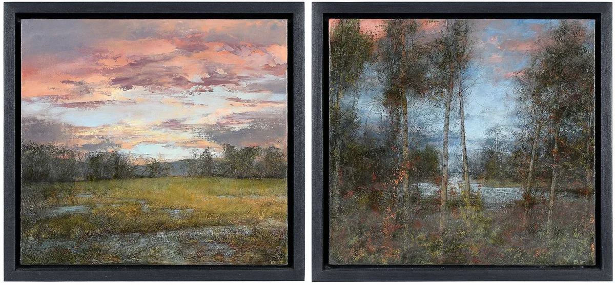 Joan Elliott, Two paintings: Spring Wind and Night Bird, 2009, oil on canvas wrapped panel