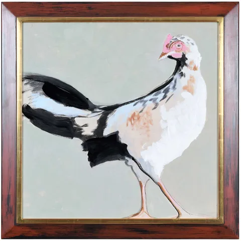 Bantam Chicken by Judith G. Vivell, oil on fiberboard, offered Apr 2023