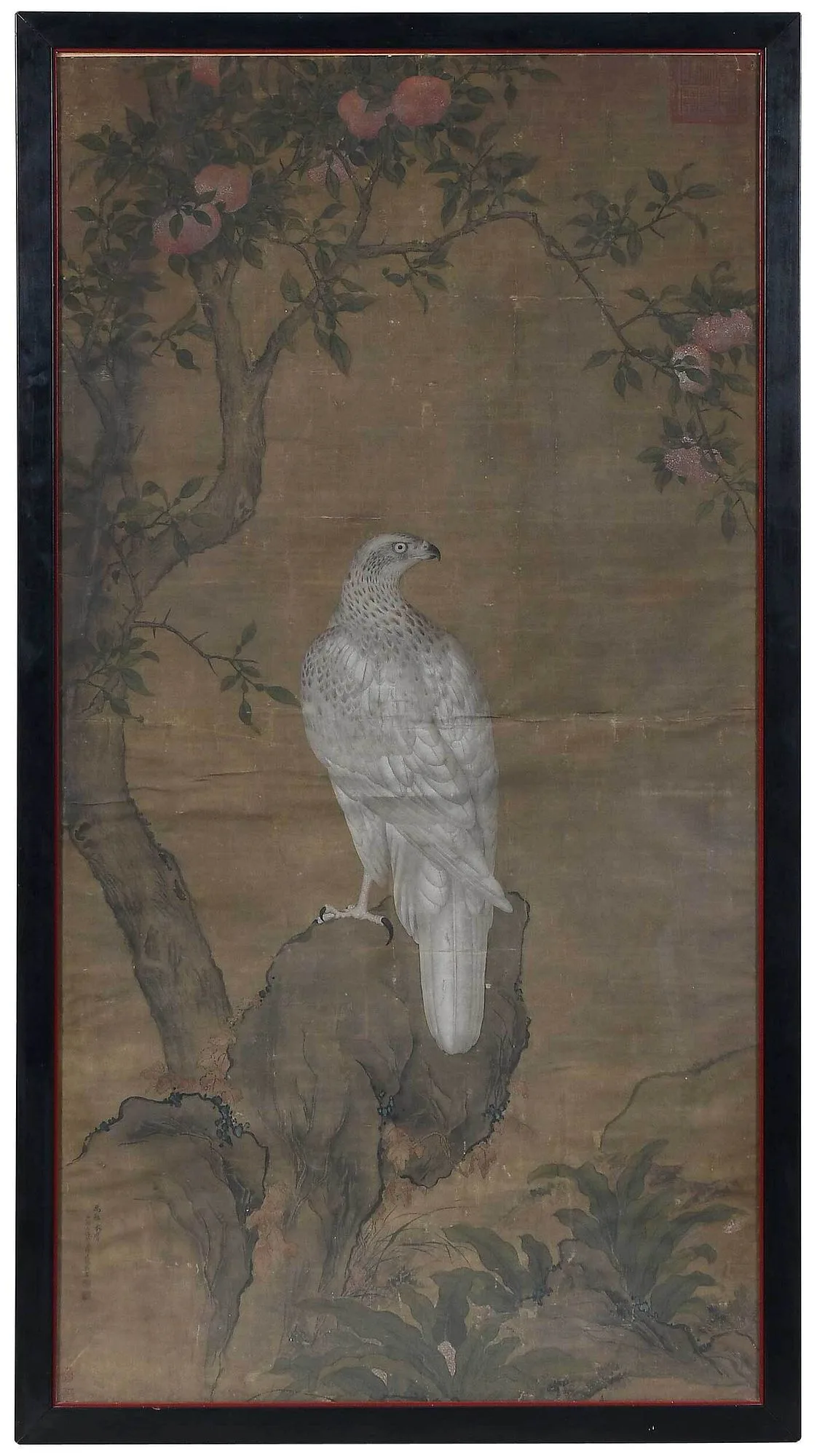 Jiang Tingxi, eagle perched on a rock below a peach tree, red square artist's seal upper left, ink and pigment on silk